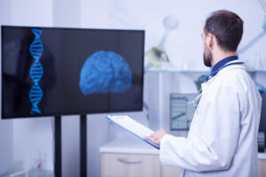 A neuroradiologist interpreting a brain scan with precision and expertise