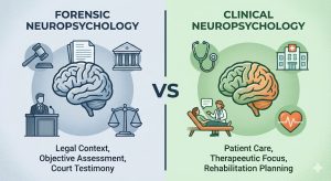 Split image showing courtroom-based forensic neuropsychology and clinical patient care