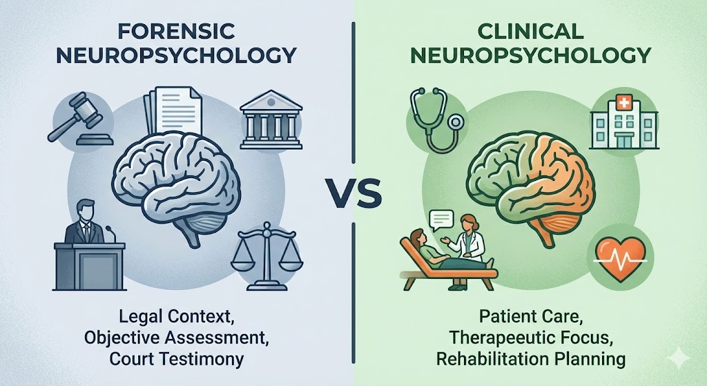 Split image showing courtroom-based forensic neuropsychology and clinical patient care